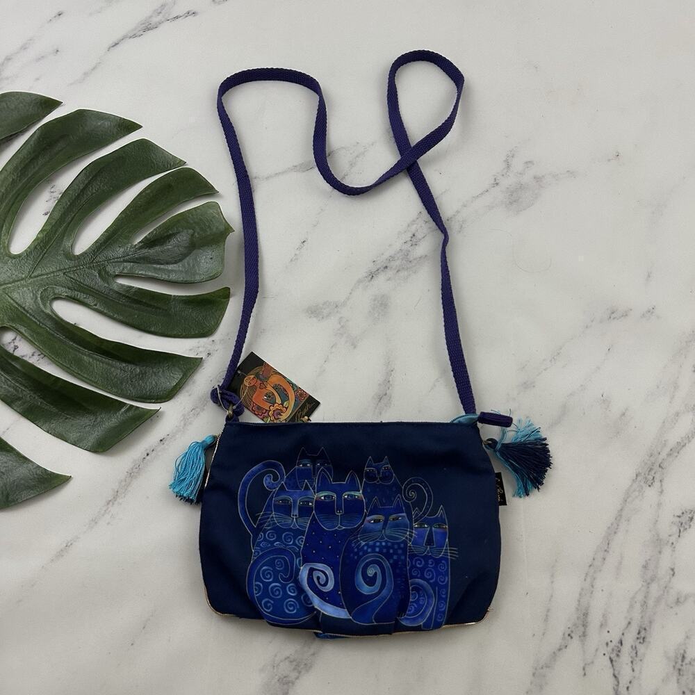 Laurel Burch Cross Body Purse Bag Blue Cats Art Print Kitten Small Canvas